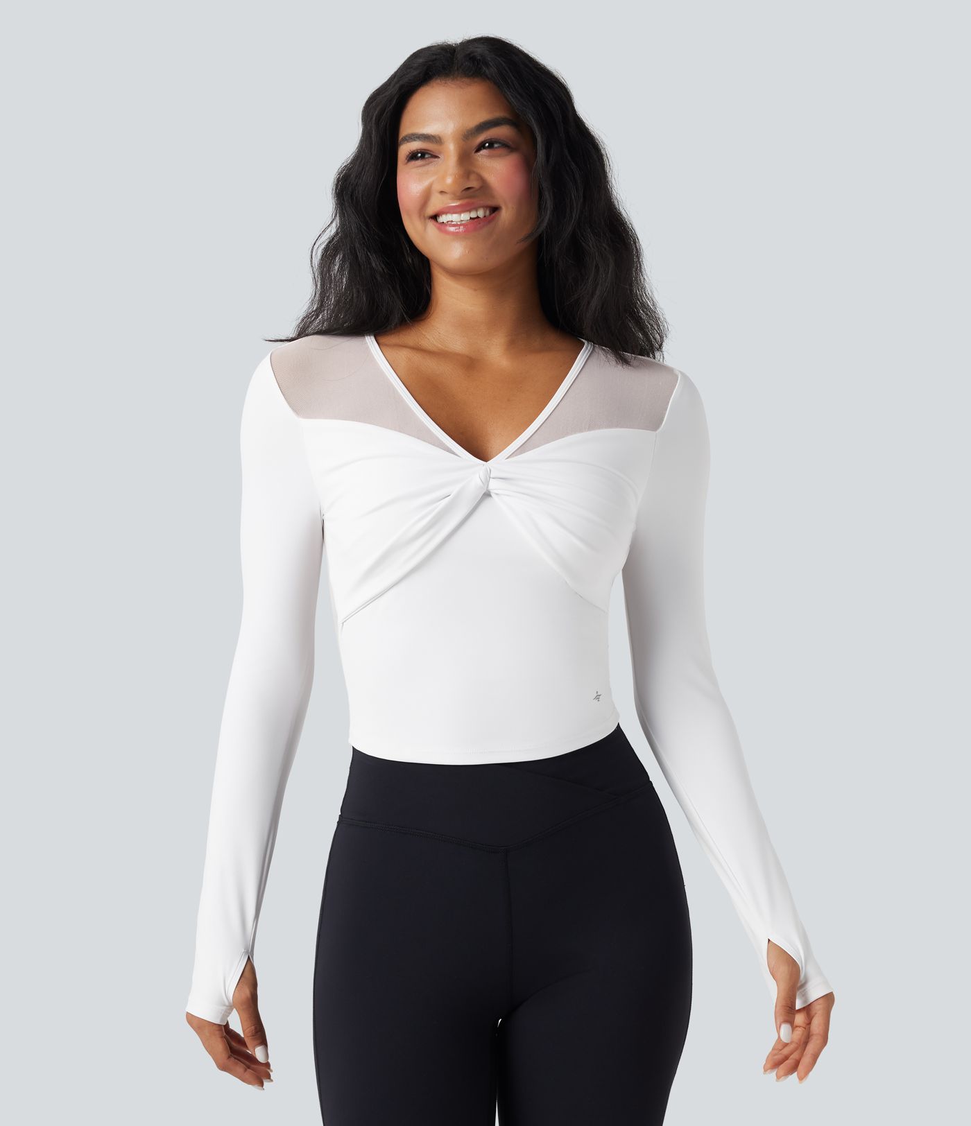 SoftlyZero™ Airy V Neck Long Sleeve Thumb Hole Contrast Mesh Cool Touch Yoga Sports Top