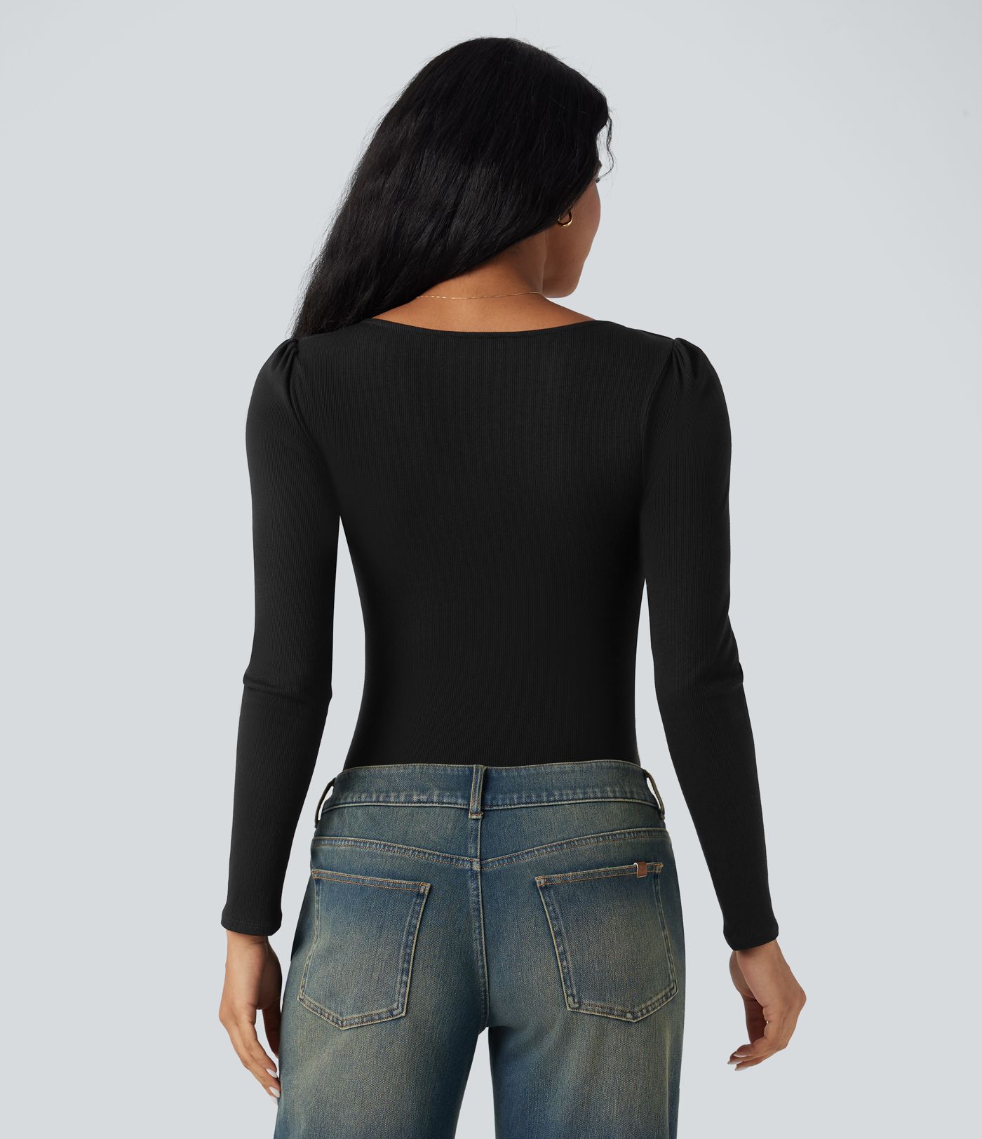 Ribbed Knit Square Neck Long Sleeve Skinny Casual Bodysuit