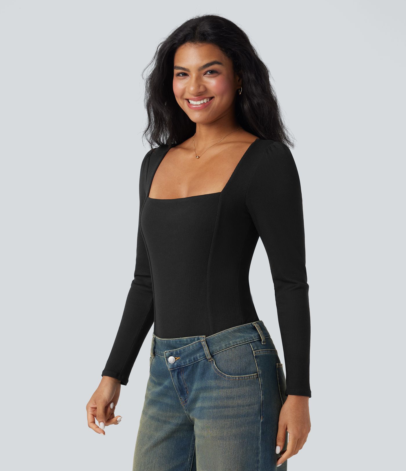 Ribbed Knit Square Neck Long Sleeve Skinny Casual Bodysuit