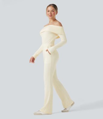 Ribbed Knit Foldover Off Shoulder Long Sleeve Bootcut Casual Jumpsuit with Pockets-Easy Peezy Edition