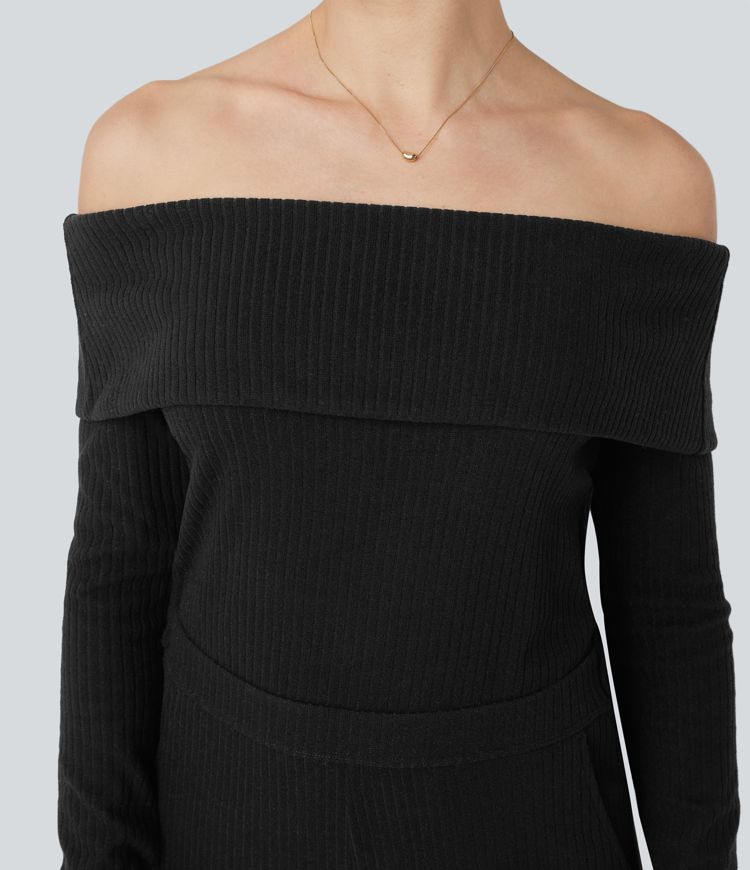 Ribbed Knit Foldover Off Shoulder Long Sleeve Bootcut Fleece Casual Jumpsuit with Pockets-Easy Peezy Edition