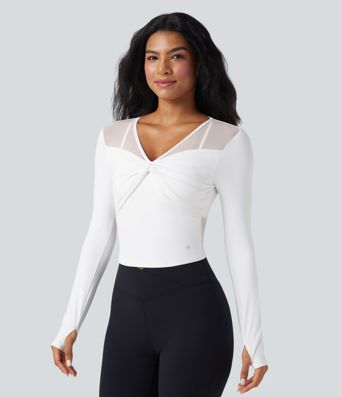 SoftlyZero™ Airy V Neck Long Sleeve Thumb Hole Contrast Mesh Cool Touch Yoga Sports Top