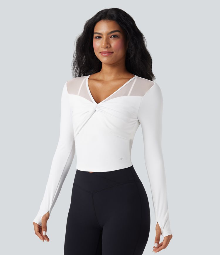 SoftlyZero™ Airy V Neck Long Sleeve Thumb Hole Contrast Mesh Cool Touch Yoga Sports Top