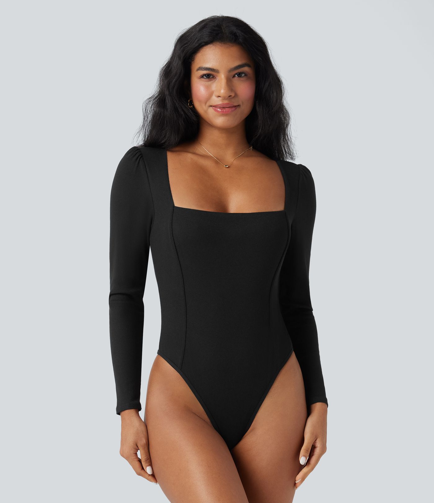 Ribbed Knit Square Neck Long Sleeve Skinny Casual Bodysuit