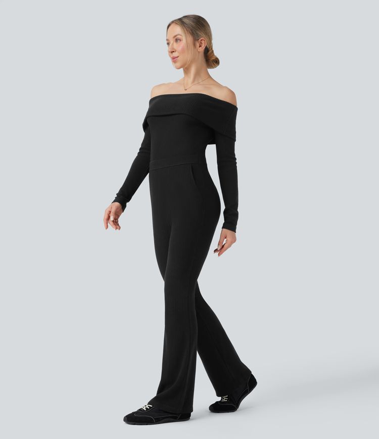 Ribbed Knit Foldover Off Shoulder Long Sleeve Bootcut Casual Jumpsuit with Pockets-Easy Peezy Edition