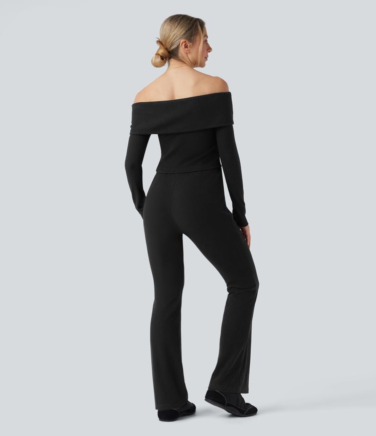Ribbed Knit Foldover Off Shoulder Long Sleeve Bootcut Casual Jumpsuit with Pockets-Easy Peezy Edition