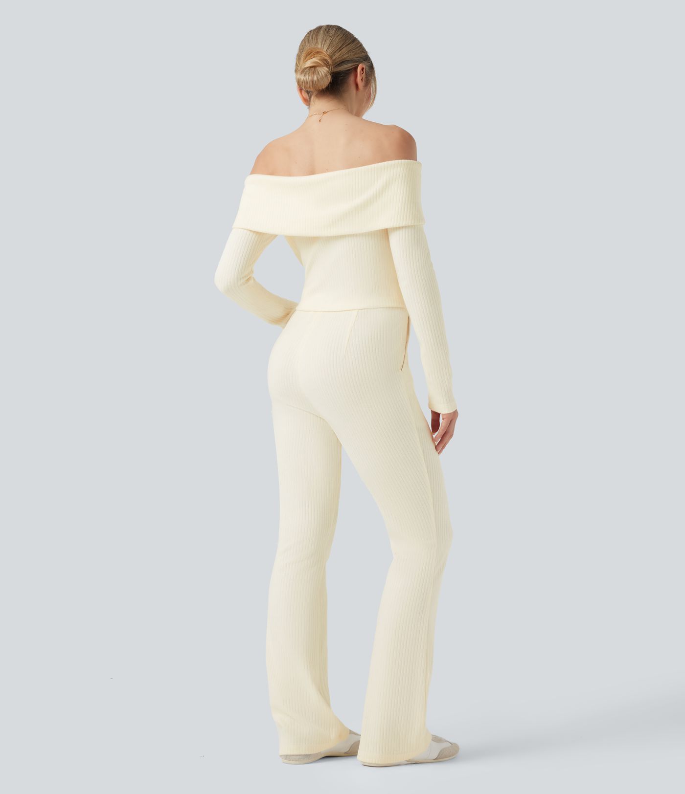 Ribbed Knit Foldover Off Shoulder Long Sleeve Bootcut Casual Jumpsuit with Pockets-Easy Peezy Edition