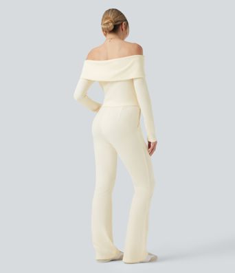Ribbed Knit Foldover Off Shoulder Long Sleeve Bootcut Casual Jumpsuit with Pockets-Easy Peezy Edition