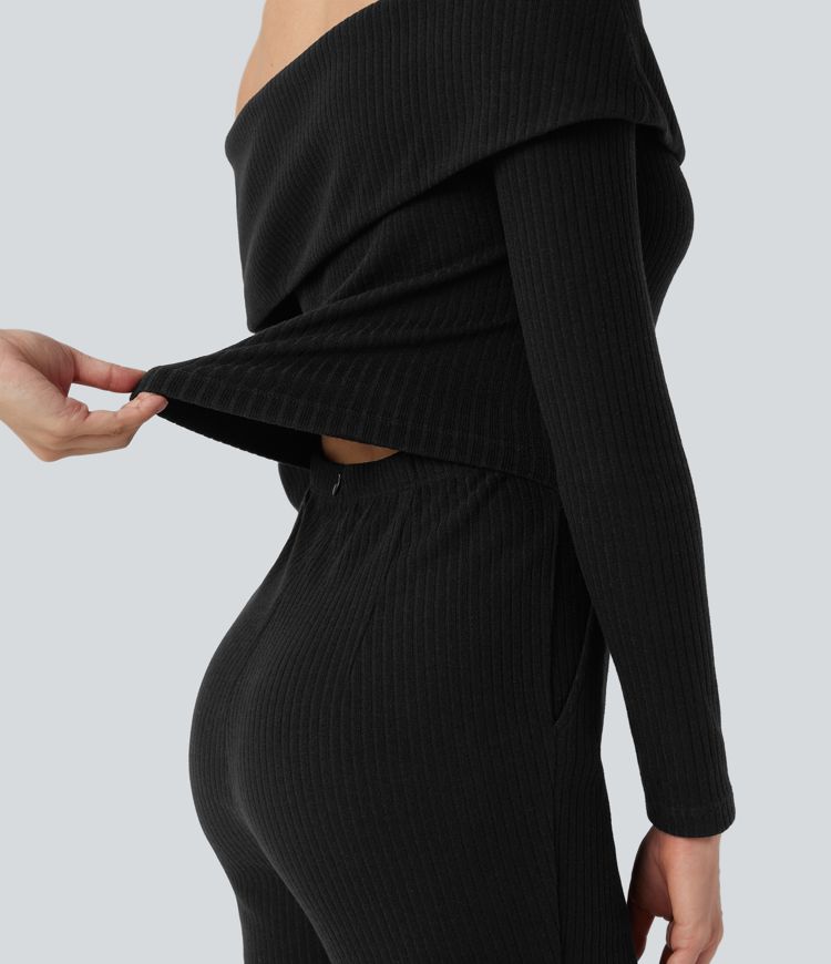Ribbed Knit Foldover Off Shoulder Long Sleeve Bootcut Fleece Casual Jumpsuit with Pockets-Easy Peezy Edition