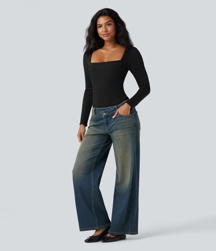 Ribbed Knit Square Neck Long Sleeve Skinny Casual Bodysuit