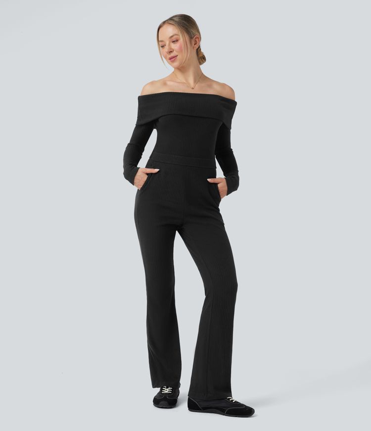 Black Ribbed Knit Foldover Off Shoulder Long Sleeve Bootcut Casual Jumpsuit with Pockets-Easy Peezy Edition / 1