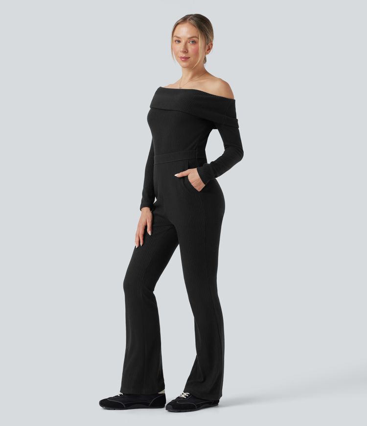 Ribbed Knit Foldover Off Shoulder Long Sleeve Bootcut Fleece Casual Jumpsuit with Pockets-Easy Peezy Edition