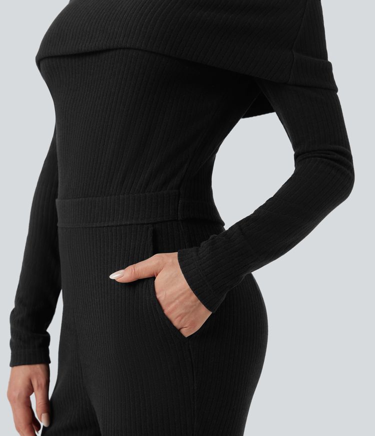 Ribbed Knit Foldover Off Shoulder Long Sleeve Bootcut Fleece Casual Jumpsuit with Pockets-Easy Peezy Edition