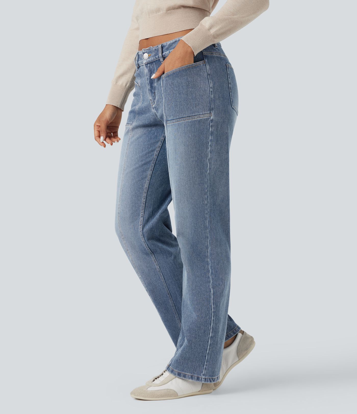 Halara Flex™ lavtaljede, lige jeans med vasket look og lommer