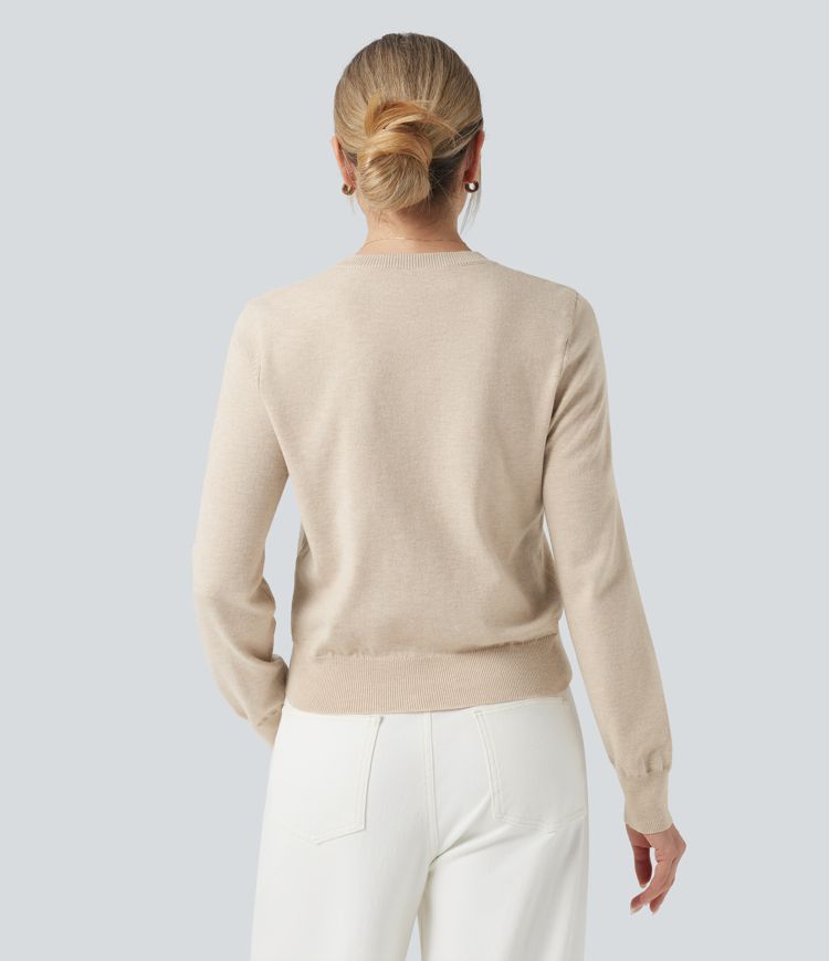 Round Neck Long Sleeve Wool-Blend Work Sweater