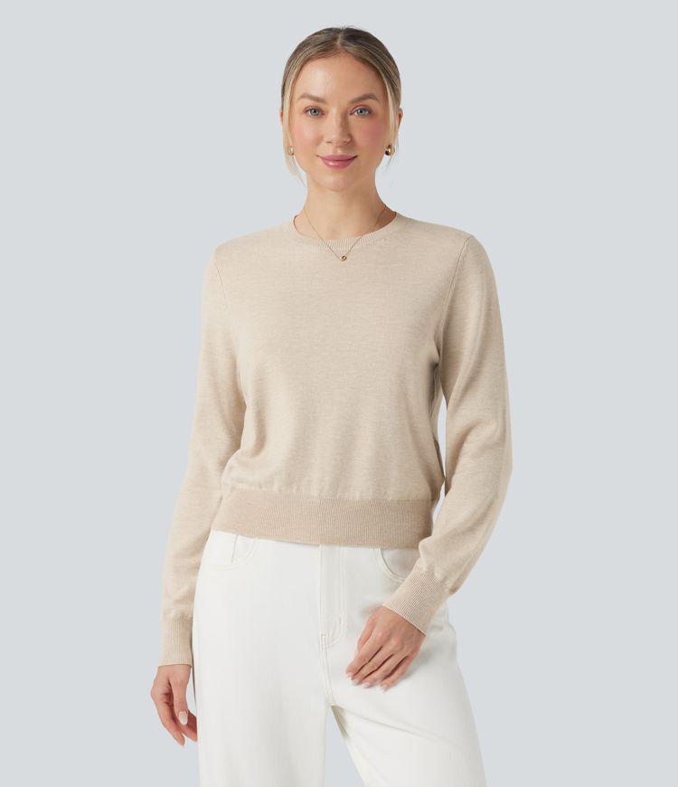 Round Neck Long Sleeve Wool-Blend Work Sweater