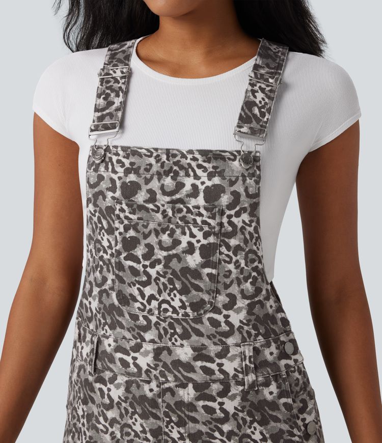 Halara Flex™ - Casual Denim Overall with Multiple Pockets and Leopard Print