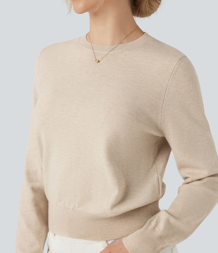 Round Neck Long Sleeve Wool-Blend Work Sweater