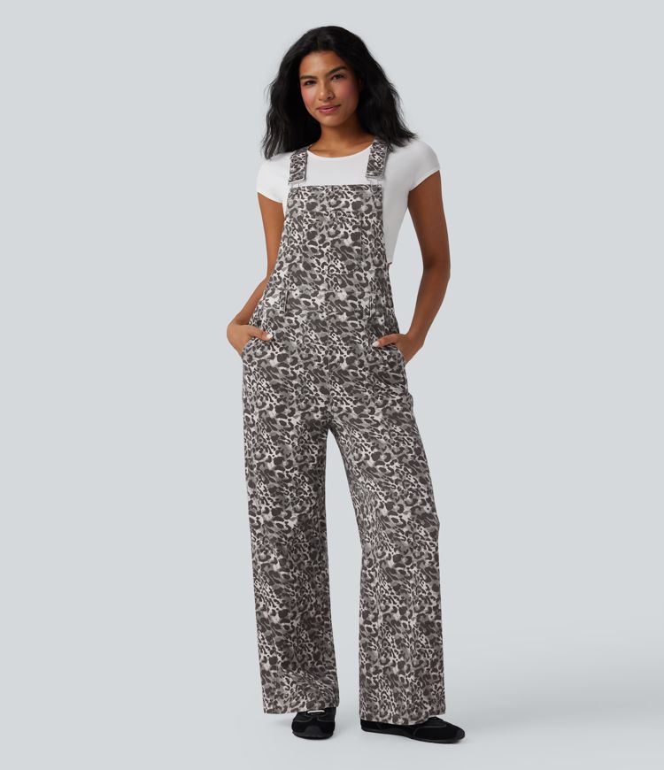 Halara Flex™ Leopard Print Denim Casual Dungarees with Pockets