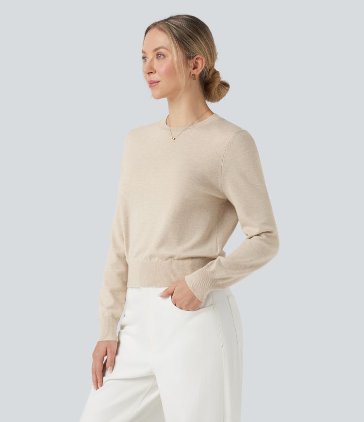 Round Neck Long Sleeve Wool-Blend Work Sweater