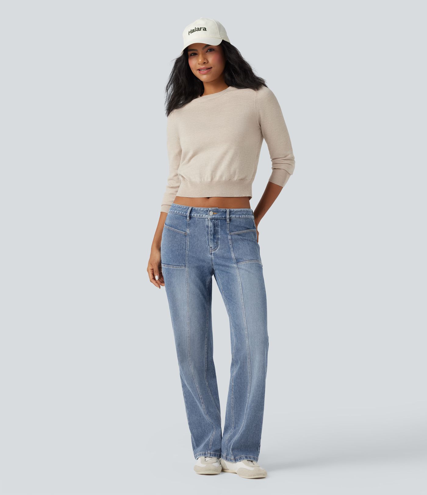 Halara Flex™ lavtaljede, lige jeans med vasket look og lommer