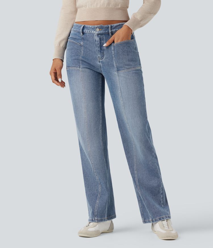 Halara Flex™ Low Rise Straight Leg Washed Casual Jeans with Pockets
