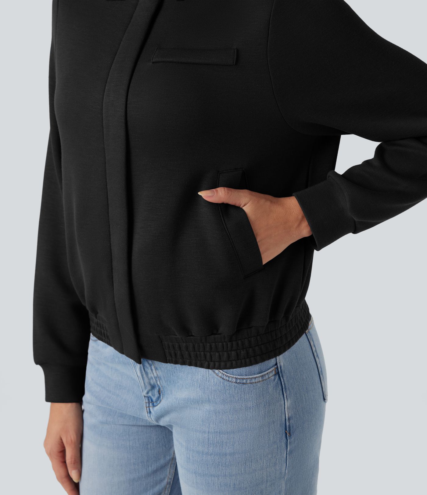 SpacerTek™ Rounded Neck Long Sleeve Casual Bomber Jacket with Pockets