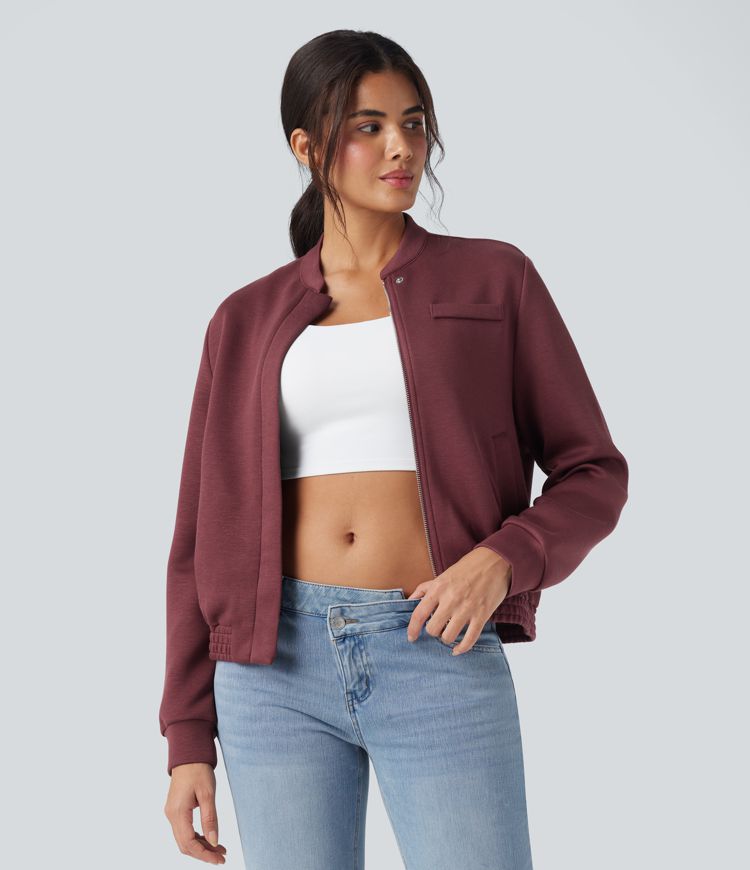 Rounded Neck Long Sleeve Casual Bomber Jacket with Pockets