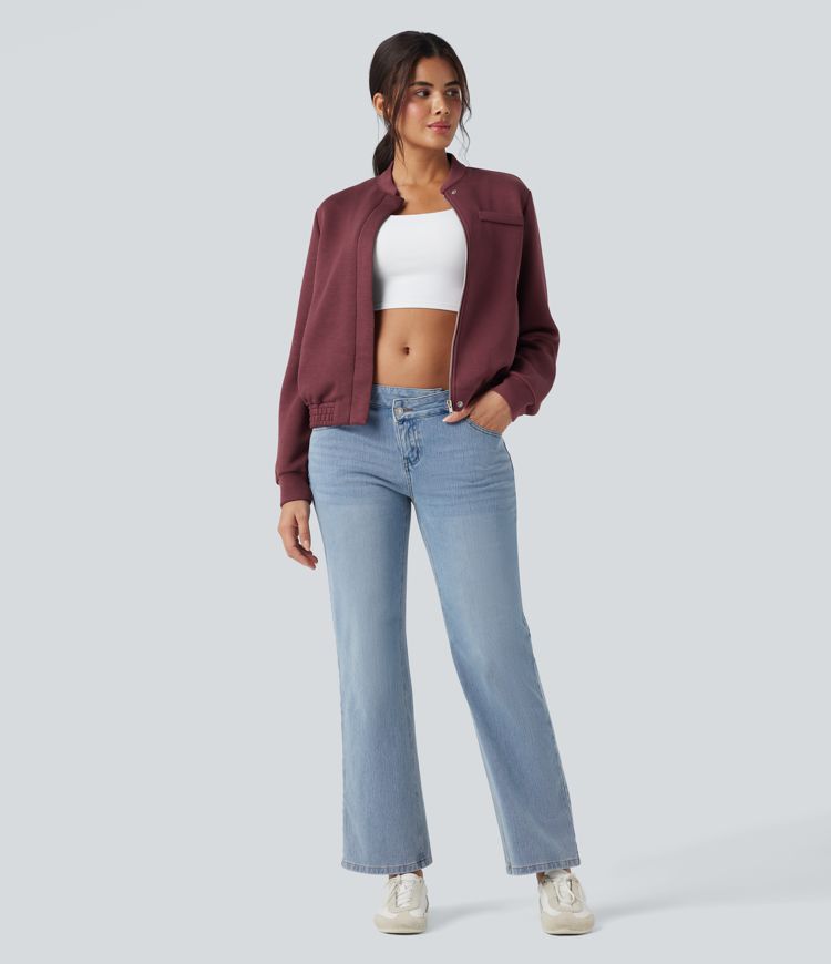 Chamarra bomber casual de manga larga con cuello redondo y bolsillos