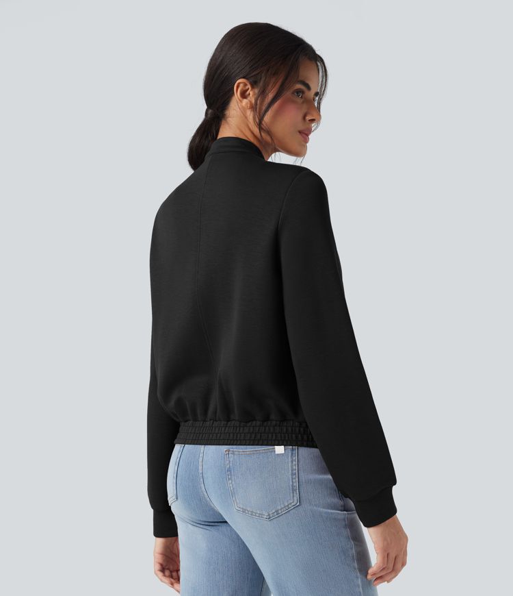 SpacerTek™ Rounded Neck Long Sleeve Casual Bomber Jacket with Pockets