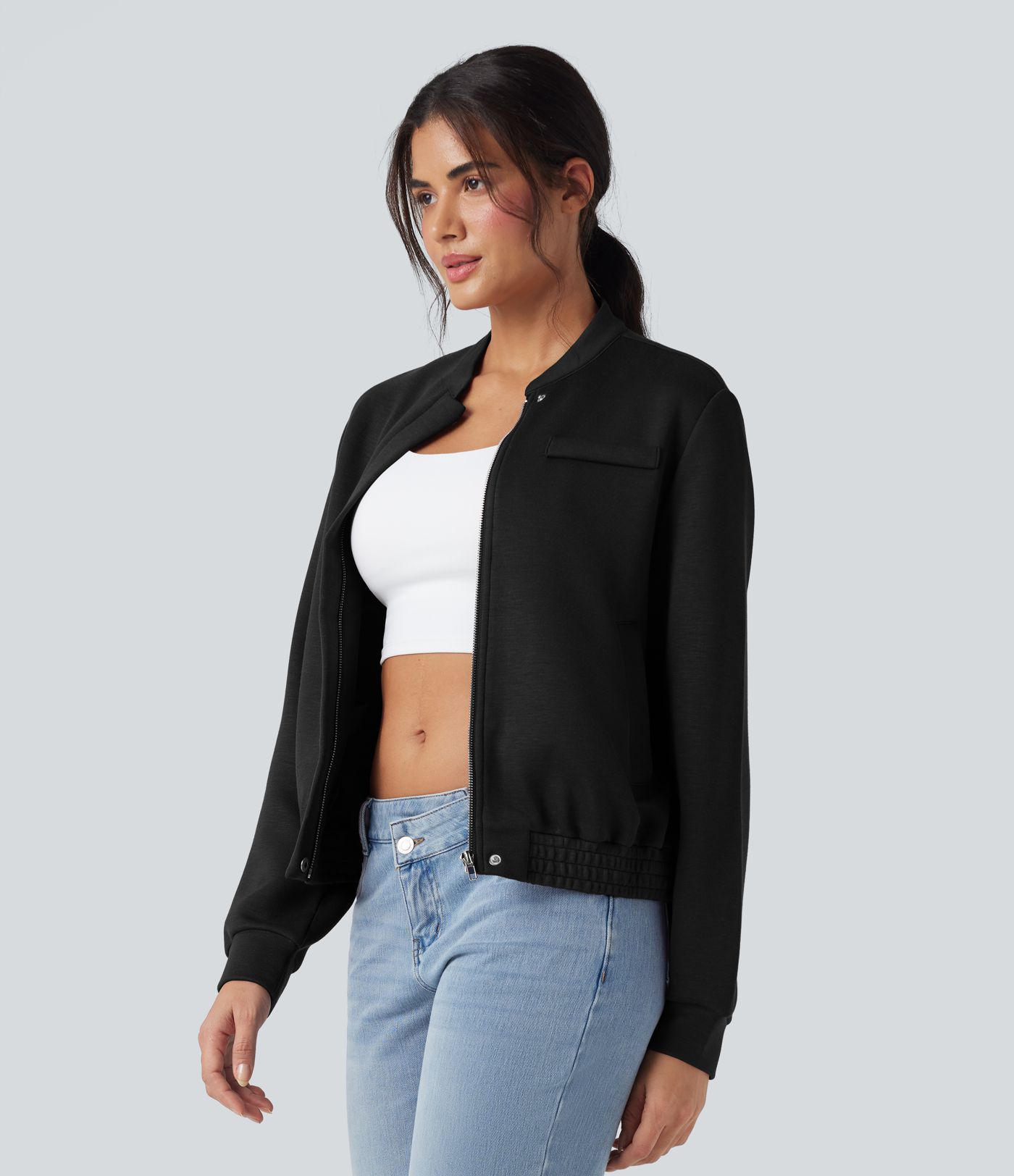 SpacerTek™ Rounded Neck Long Sleeve Casual Bomber Jacket with Pockets