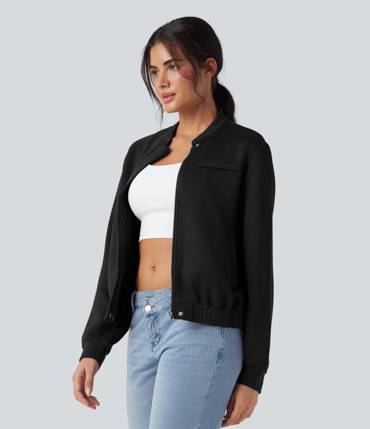 SpacerTek™ Rounded Neck Long Sleeve Casual Bomber Jacket with Pockets