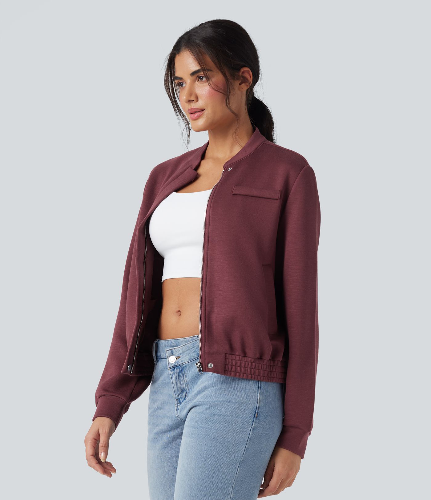 Chamarra bomber casual de manga larga con cuello redondo y bolsillos