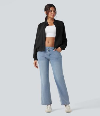 SpacerTek™ Rounded Neck Long Sleeve Casual Bomber Jacket with Pockets