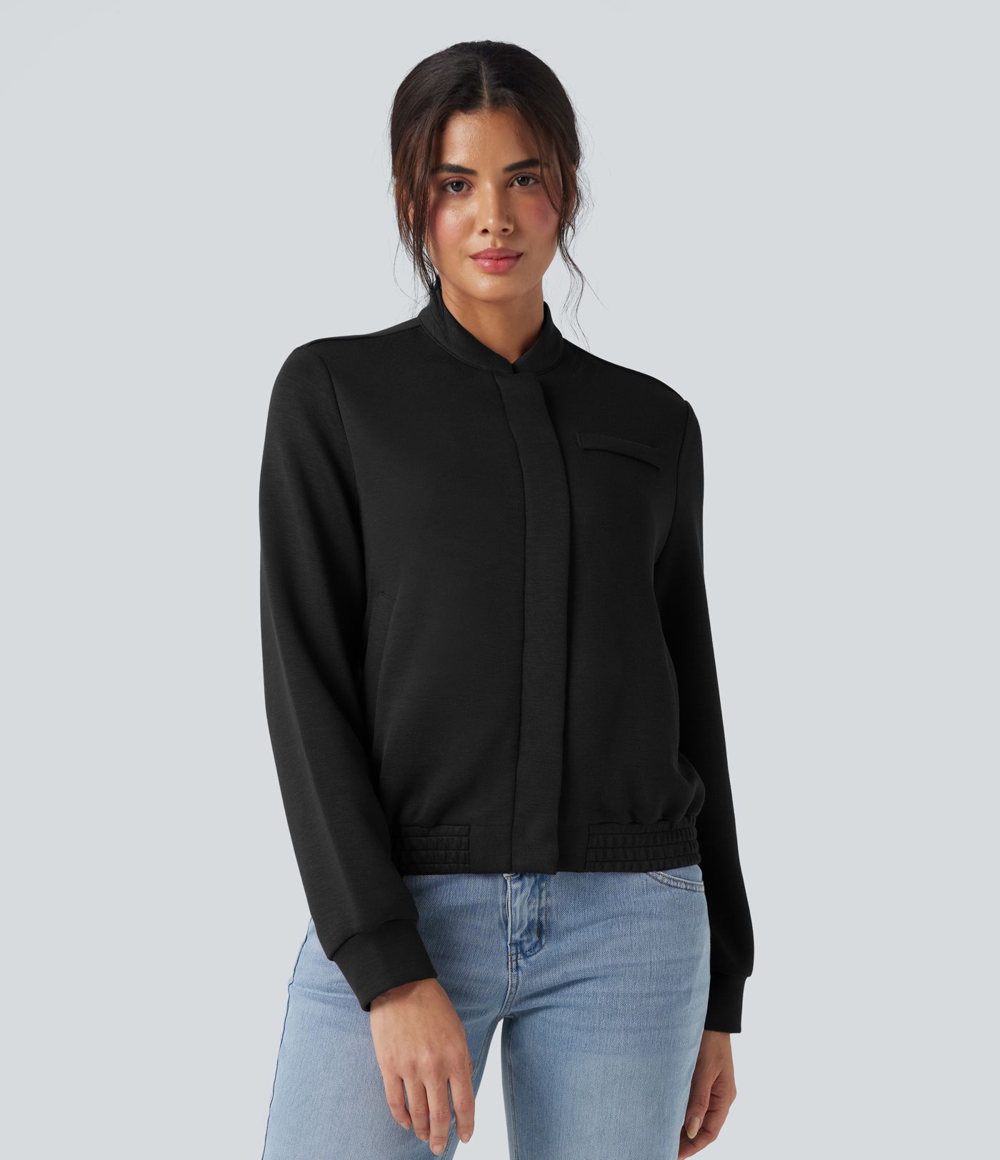 SpacerTek™ Rounded Neck Long Sleeve Casual Bomber Jacket with Pockets