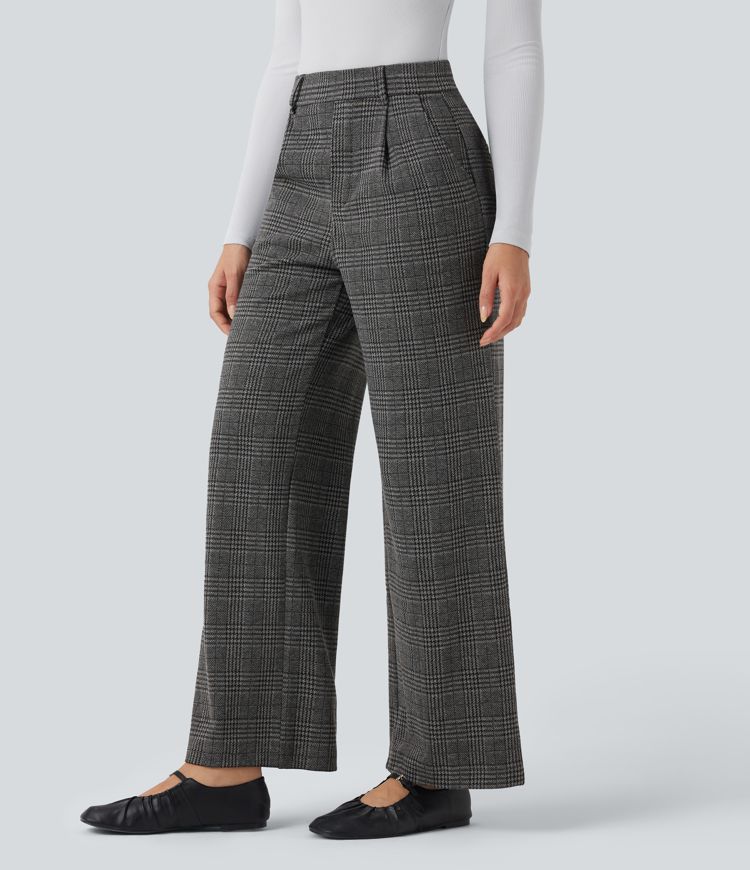 Halara Flex™ High Waisted Straight Leg Houndstooth Plaid Work Pants with Pockets