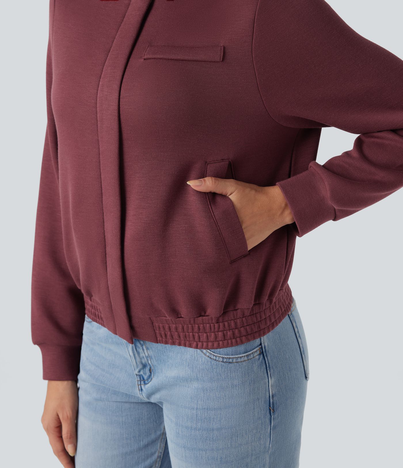 Chamarra bomber casual de manga larga con cuello redondo y bolsillos