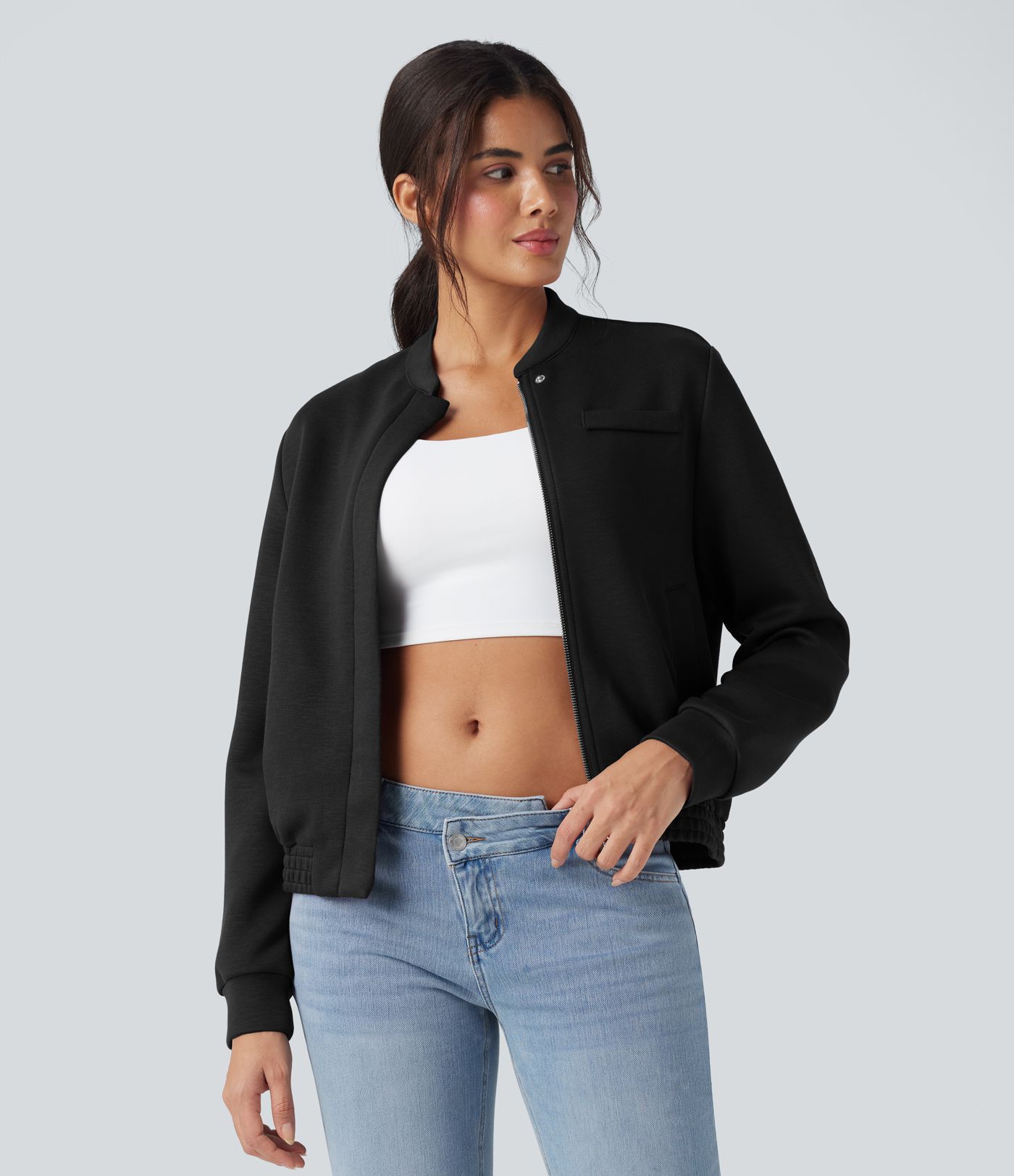 SpacerTek™ Rounded Neck Long Sleeve Casual Bomber Jacket with Pockets