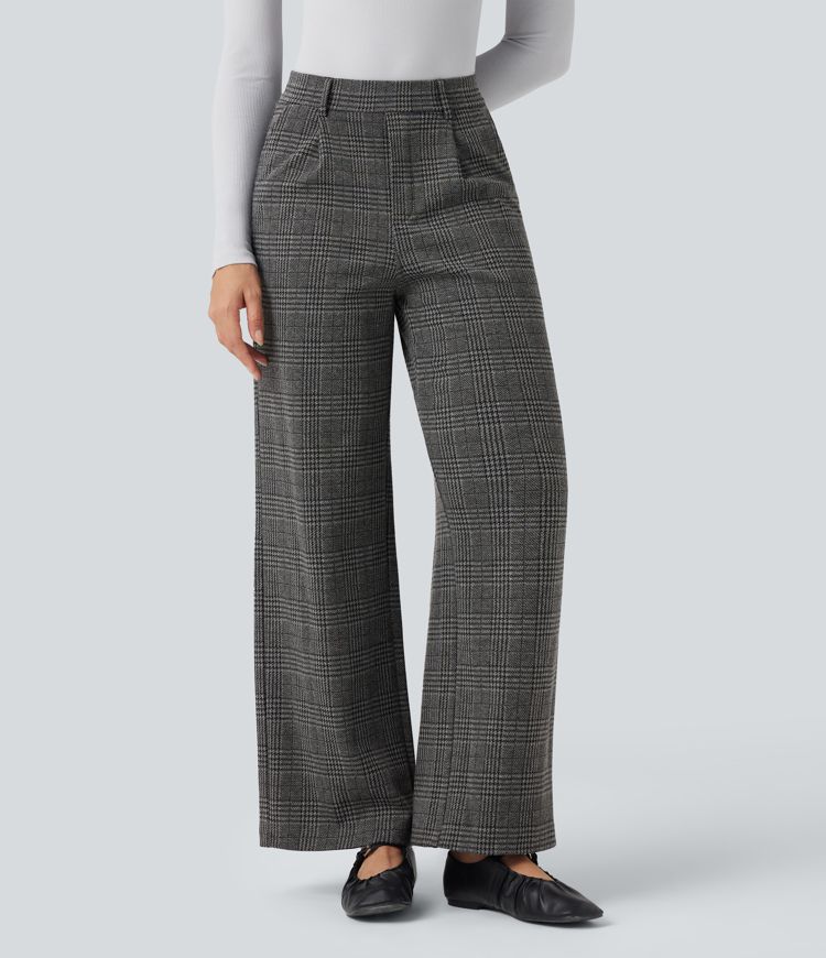 Pantalon tailleur droit Halara Flex™ taille haute pied-de-poule à carreaux avec poches