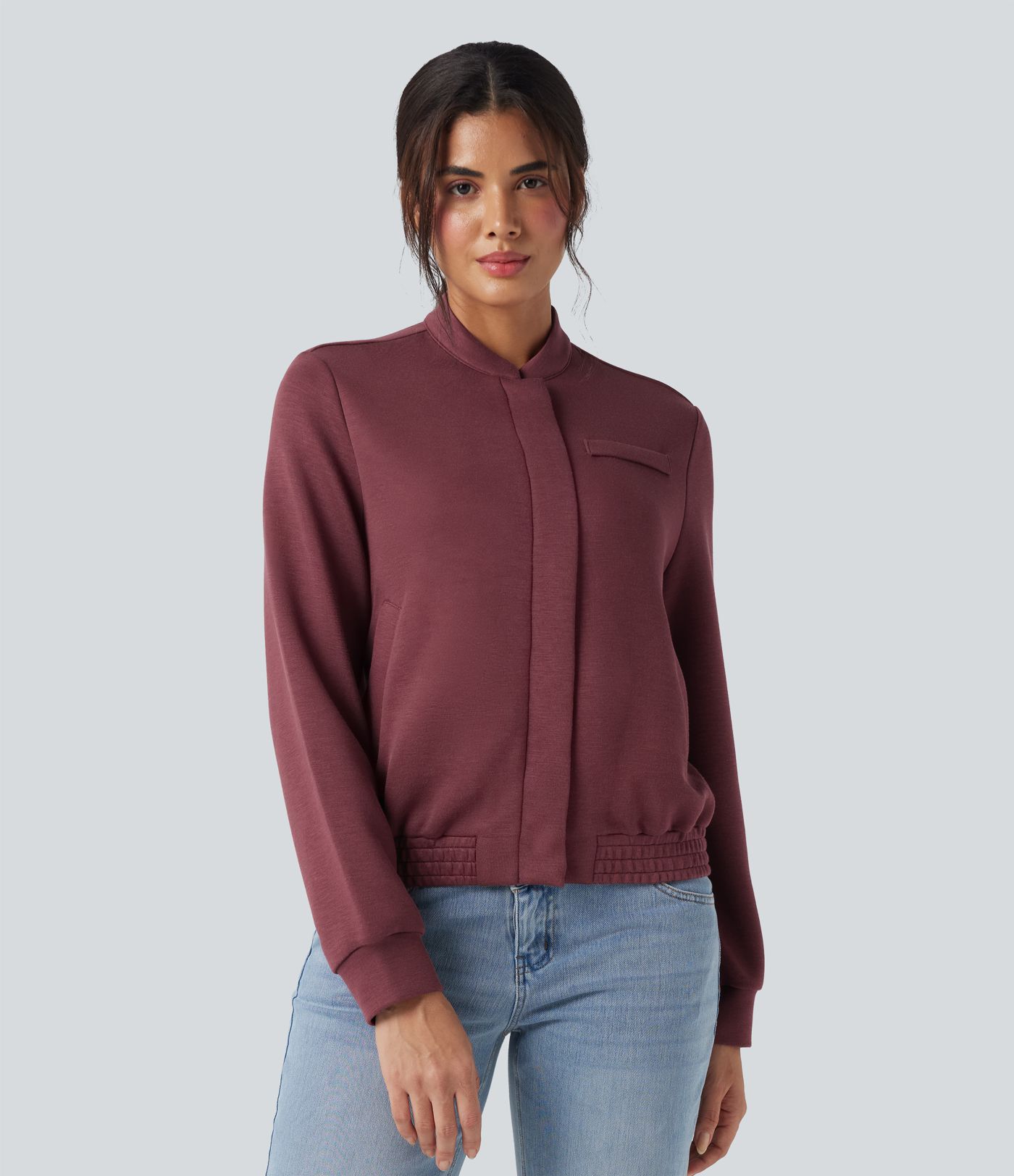 Chamarra bomber casual de manga larga con cuello redondo y bolsillos