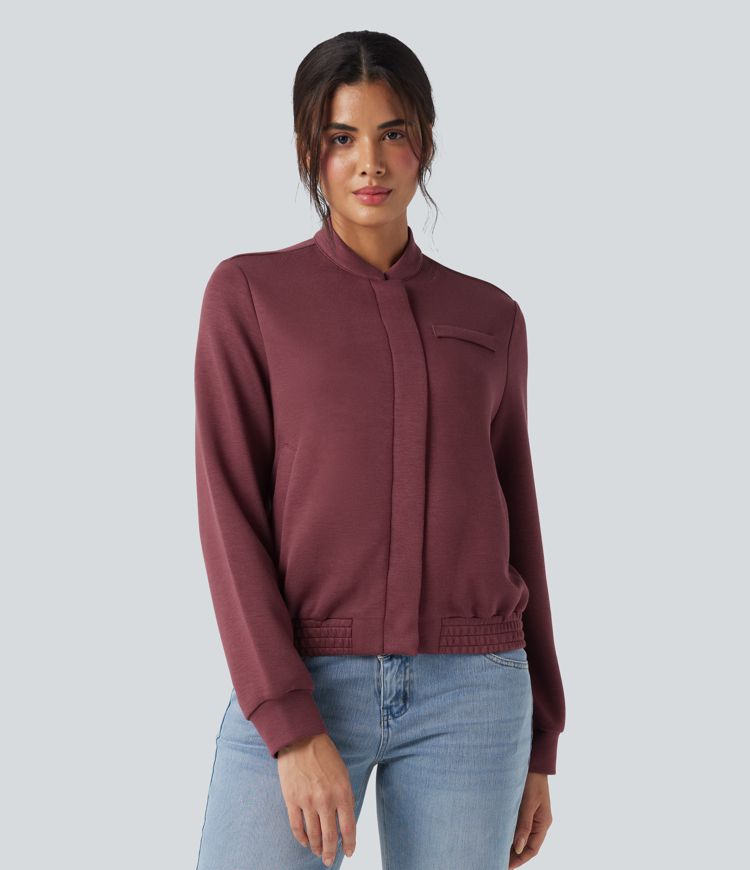 Chamarra bomber casual de manga larga con cuello redondo y bolsillos