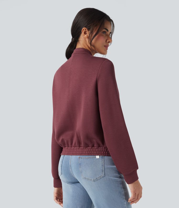 Chamarra bomber casual de manga larga con cuello redondo y bolsillos