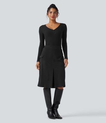 High Waisted A-line Corduroy Casual Midi Skirt with Pockets