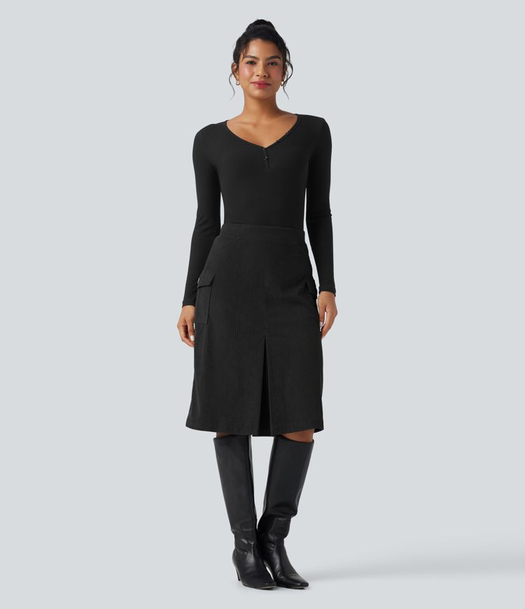 High Waisted A-line Corduroy Casual Midi Skirt with Pockets