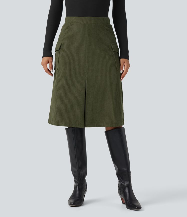 High Waisted A-line Corduroy Casual Midi Skirt with Pockets