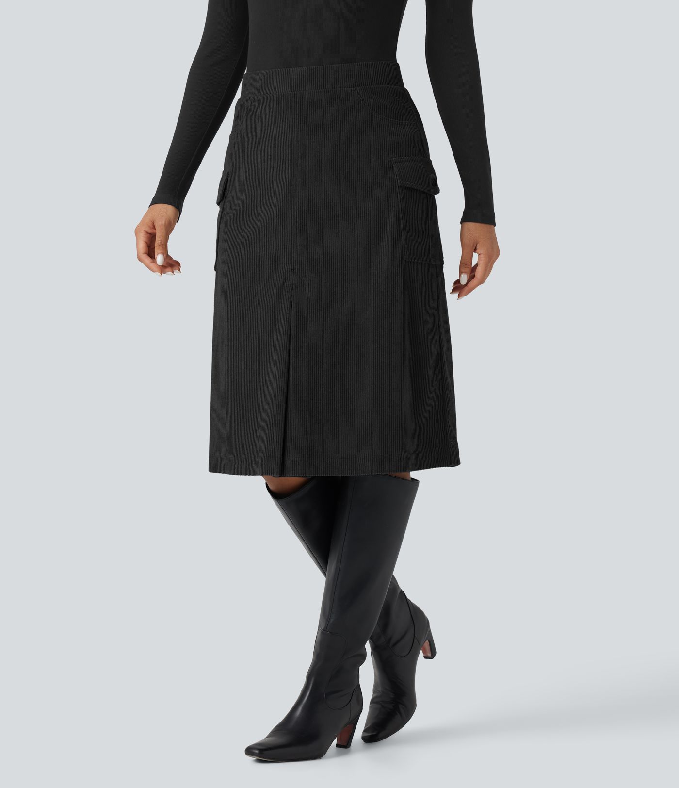 High Waisted A-line Corduroy Casual Midi Skirt with Pockets