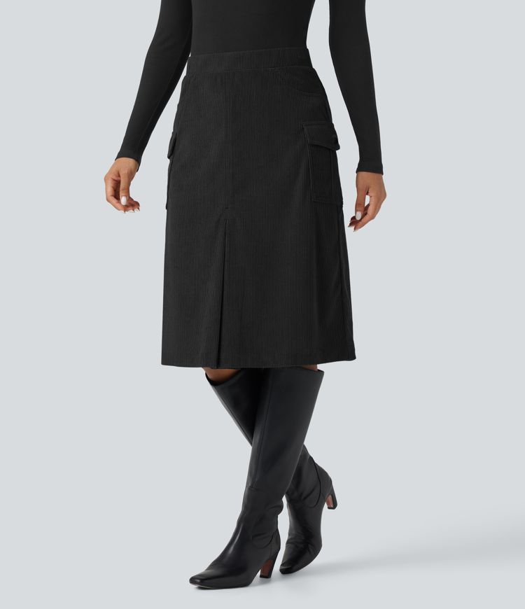 High Waisted A-line Corduroy Casual Midi Skirt with Pockets