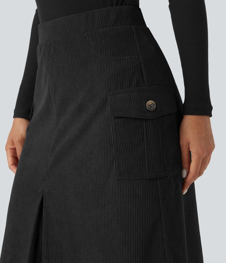 High Waisted A-line Corduroy Casual Midi Skirt with Pockets