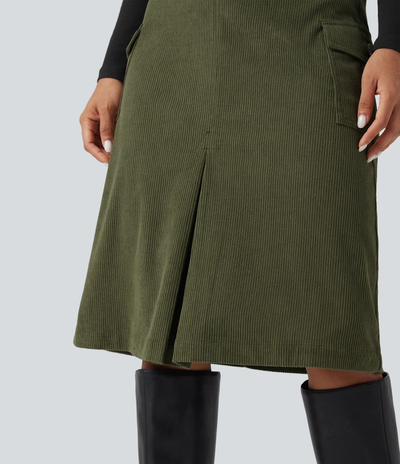 High Waisted A-line Corduroy Casual Midi Skirt with Pockets