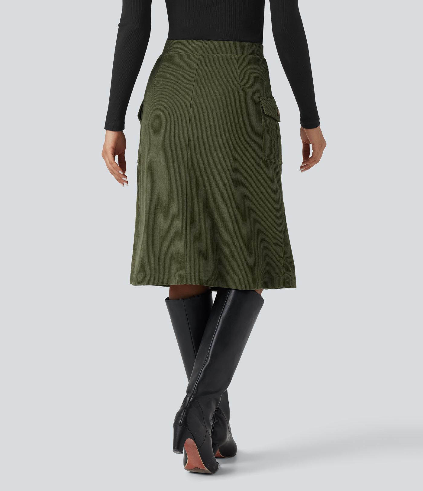 High Waisted A-line Corduroy Casual Midi Skirt with Pockets